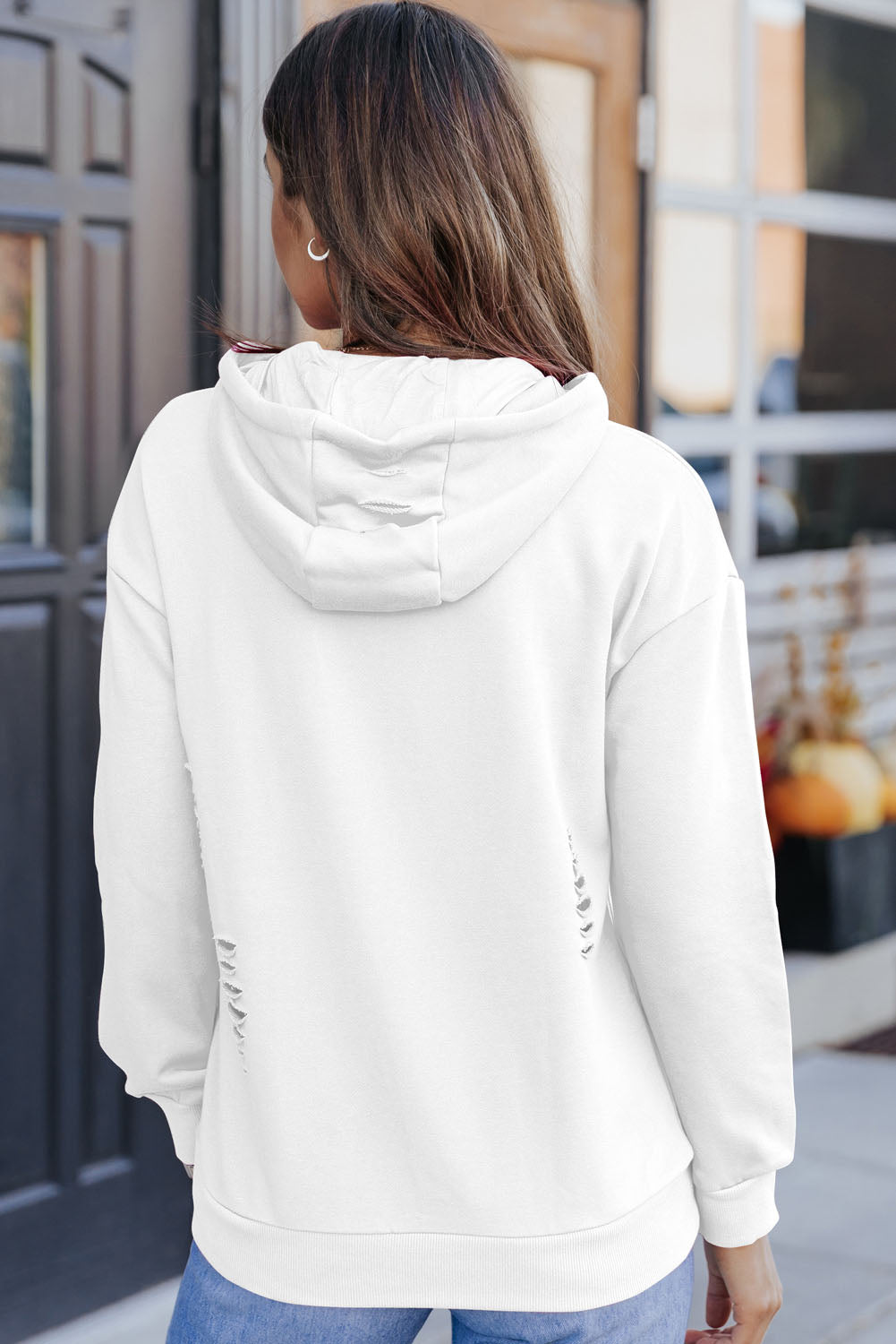 White Ripped Kangaroo Pocket Hooded Sweatshirt