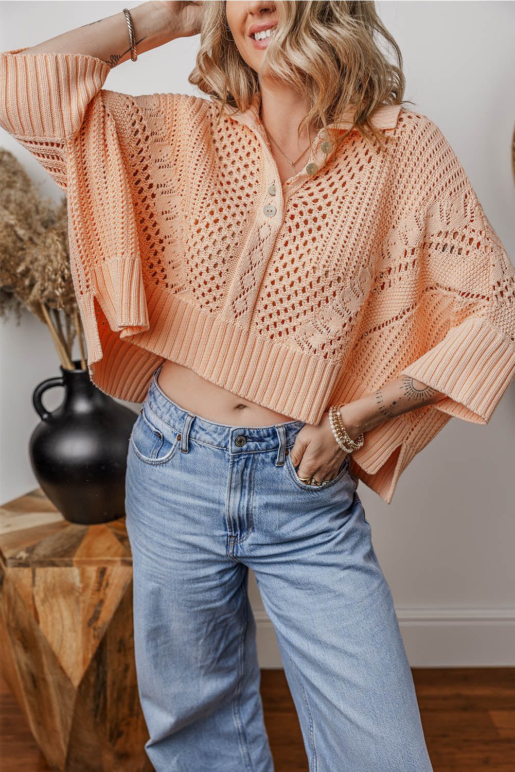 Apricot Pink Hollowed Knit 3/4 Dolman Sleeve Buttoned Collared Sweater-True and Wild