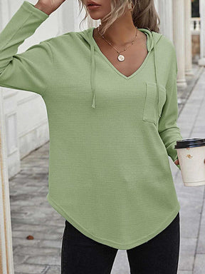 Drawstring Waffle Knit Long Sleeve Hooded Top-True and Wild