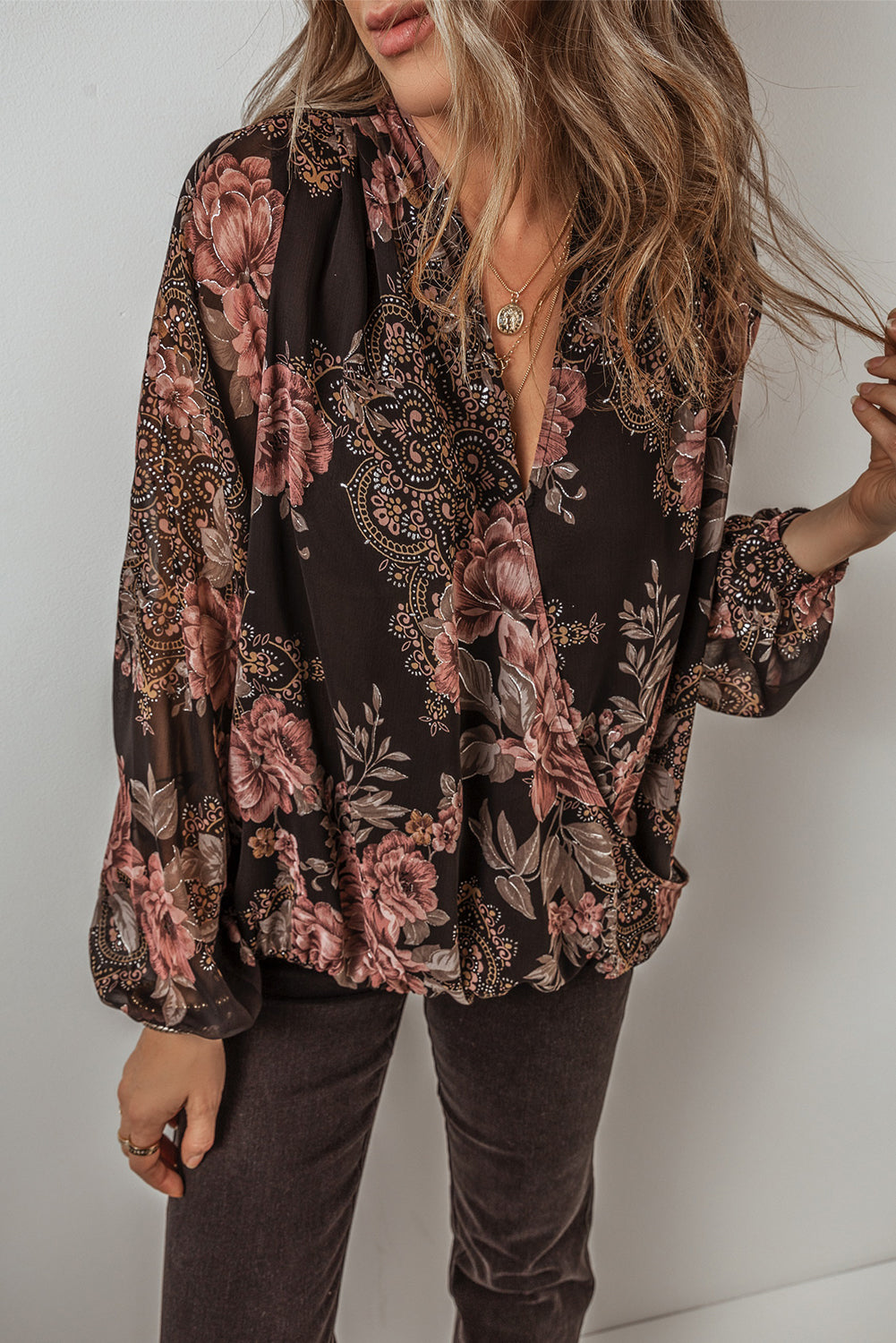 Black Floral Print Criss Cross V Neck Balloon Sleeve Blouse-True and Wild