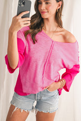 Sachet Pink V-Neck Exposed Seam Patchwork Top