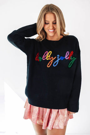 Black Holly Jolly Round Neck Casual Sweater-True and Wild