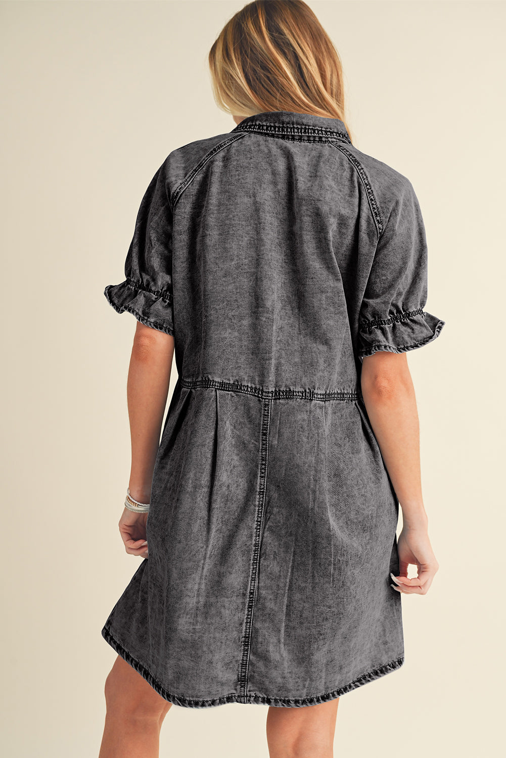 Blue Mineral Washed Ruffled Short Sleeve Pocketed Denim Dress-True and Wild