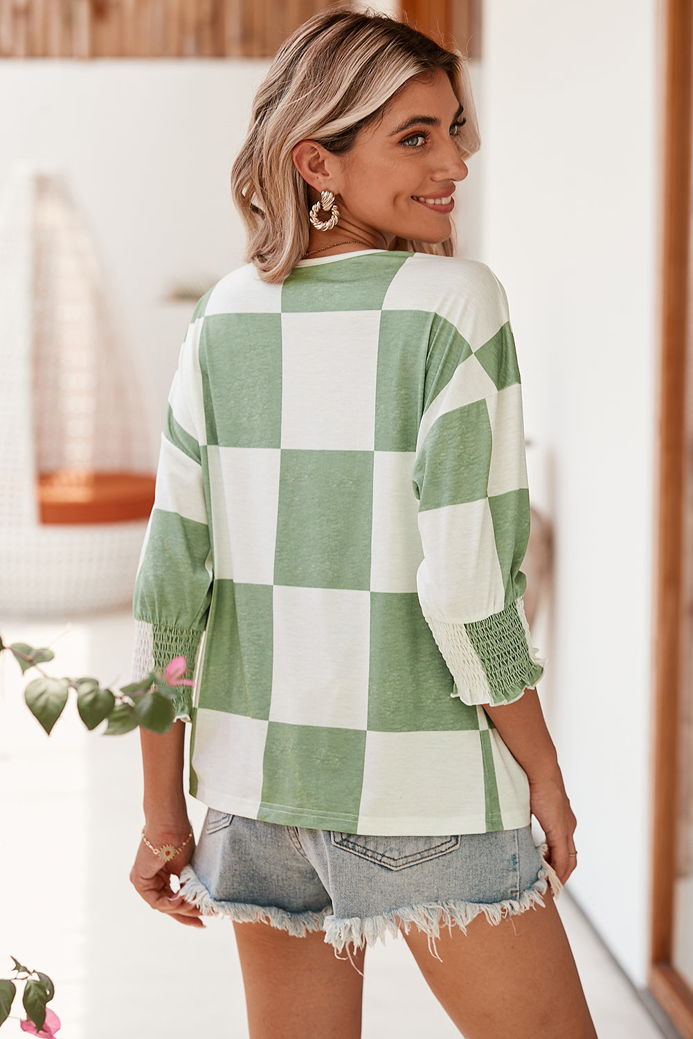 Grass Green Checkered Ruffle Smocked Cuffs Tee-True and Wild