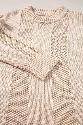 Pale Khaki Solid Color Ribbed Knit Round Neck Sweater-True and Wild