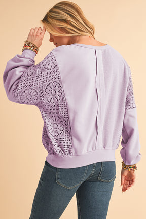 Parchment Crochet Patchwork Exposed Seam Ribbed Trim Sweatshirt-True and Wild