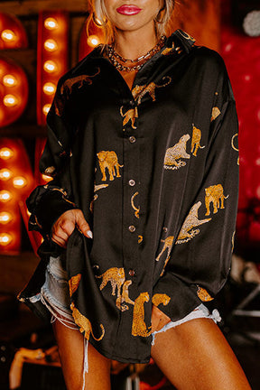 Black Animal Print Button Up Satin Shirt-True and Wild