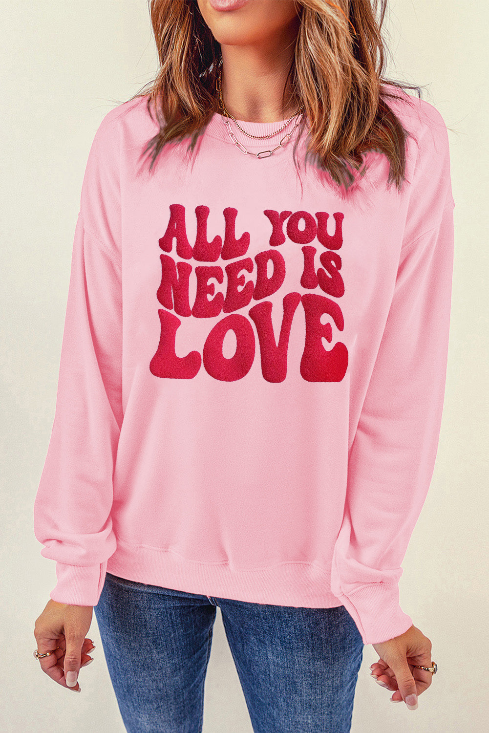 Pink ALL YOU NEED IS LOVE Valentines Slogan Printed Sweatshirt-True and Wild