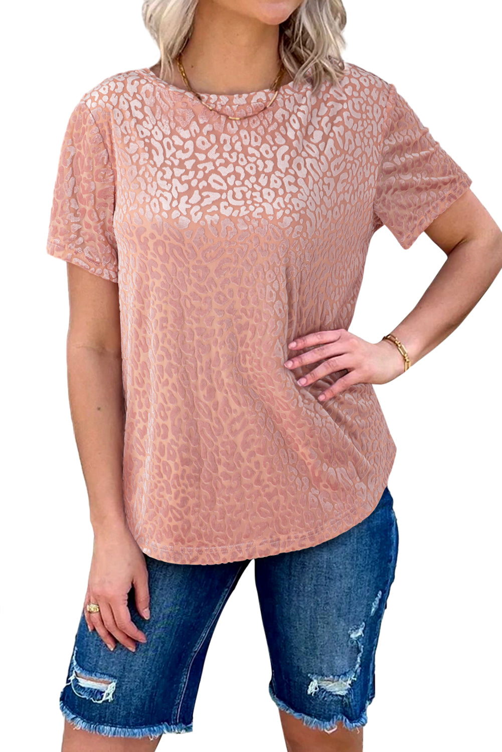 Pink Leopard Print Contrast Neckline Short Sleeve Blouse-True and Wild