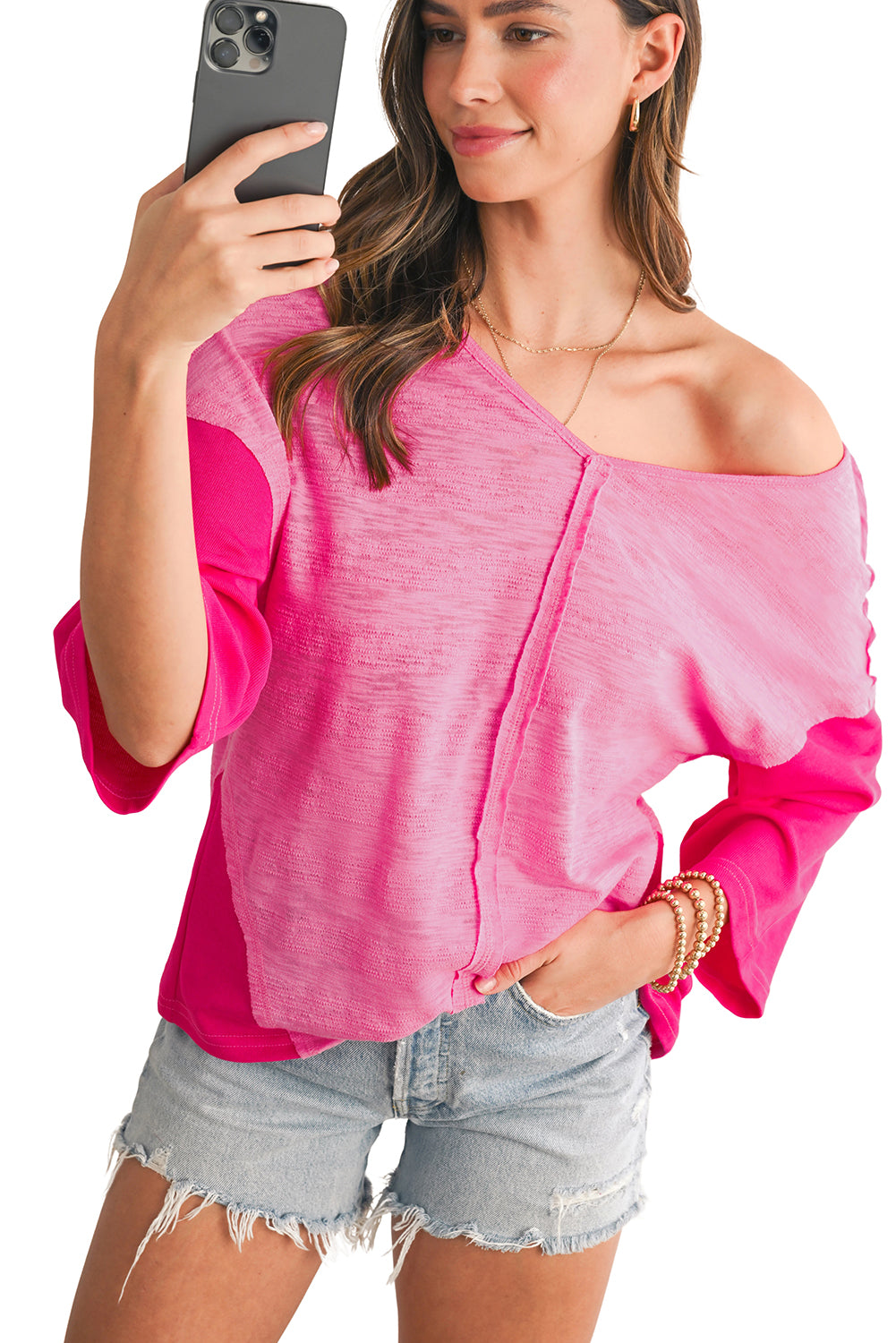 Sachet Pink V-Neck Exposed Seam Patchwork Top