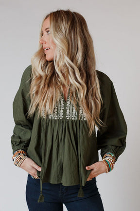 Green Embroidered Split Neck Pleated Loose Blouse-True and Wild