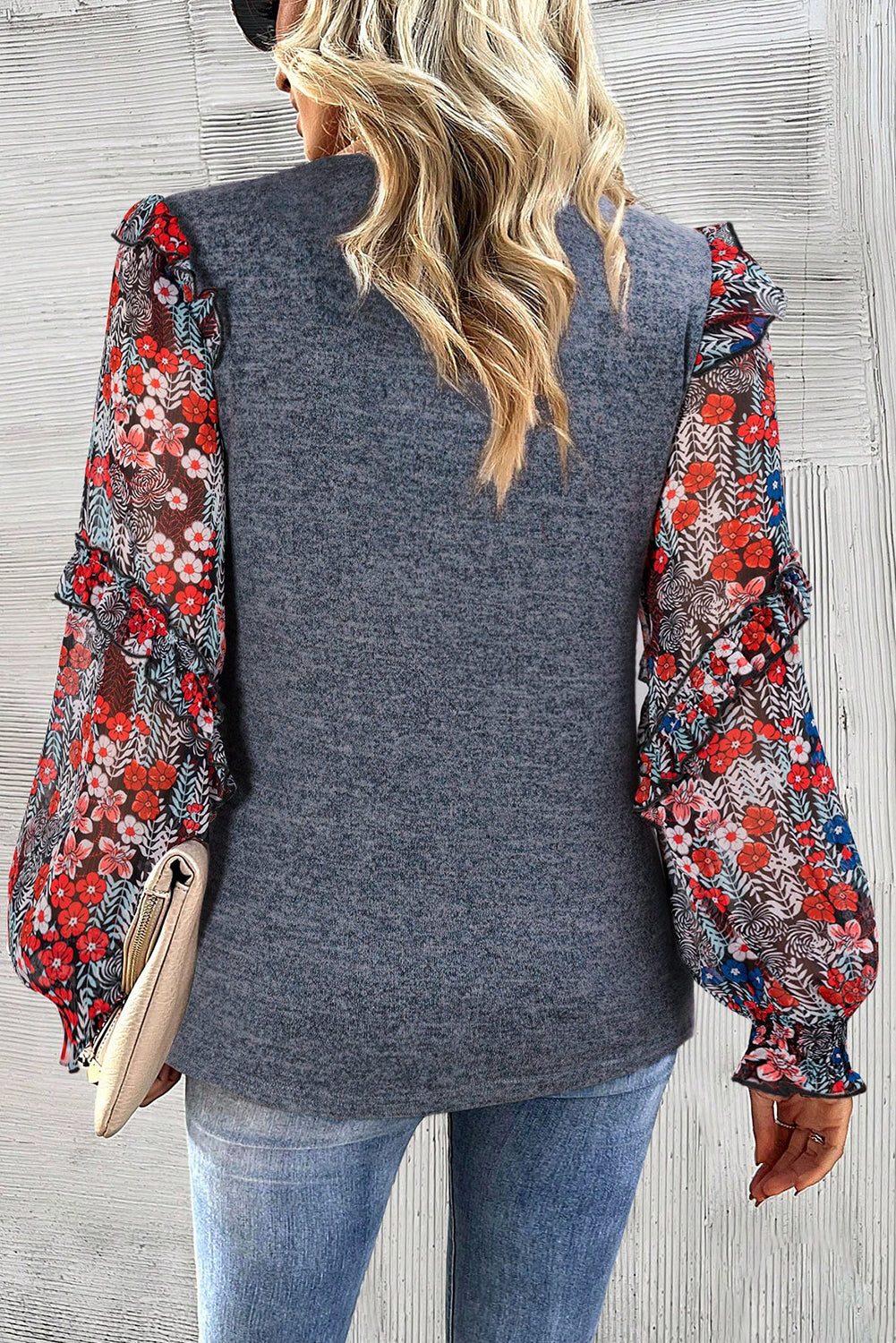 Blue Floral Ruffle Sleeve Patchwork Top-True and Wild