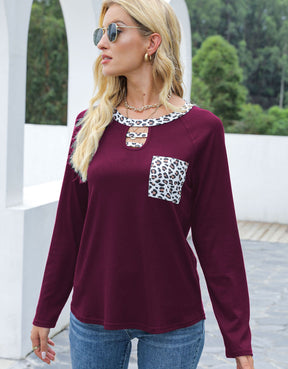 Cutout Leopard Round Neck Long Sleeve T-Shirt-True and Wild