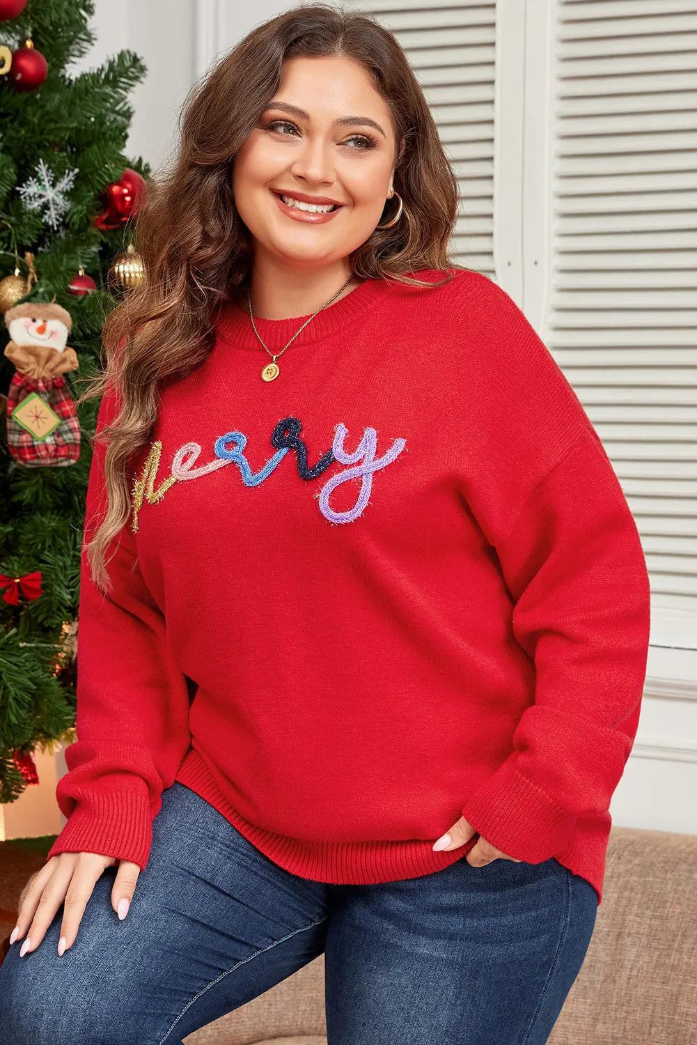 Plus Size MERRY Round Neck Long Sleeve Sweater-True and Wild