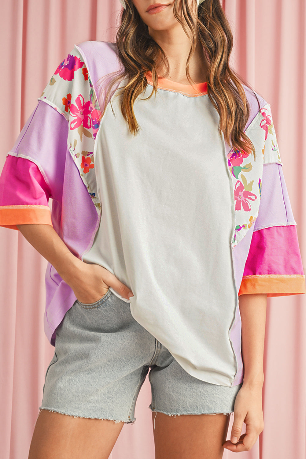 Sachet Pink Floral Patchwork Colorblock Loose Top