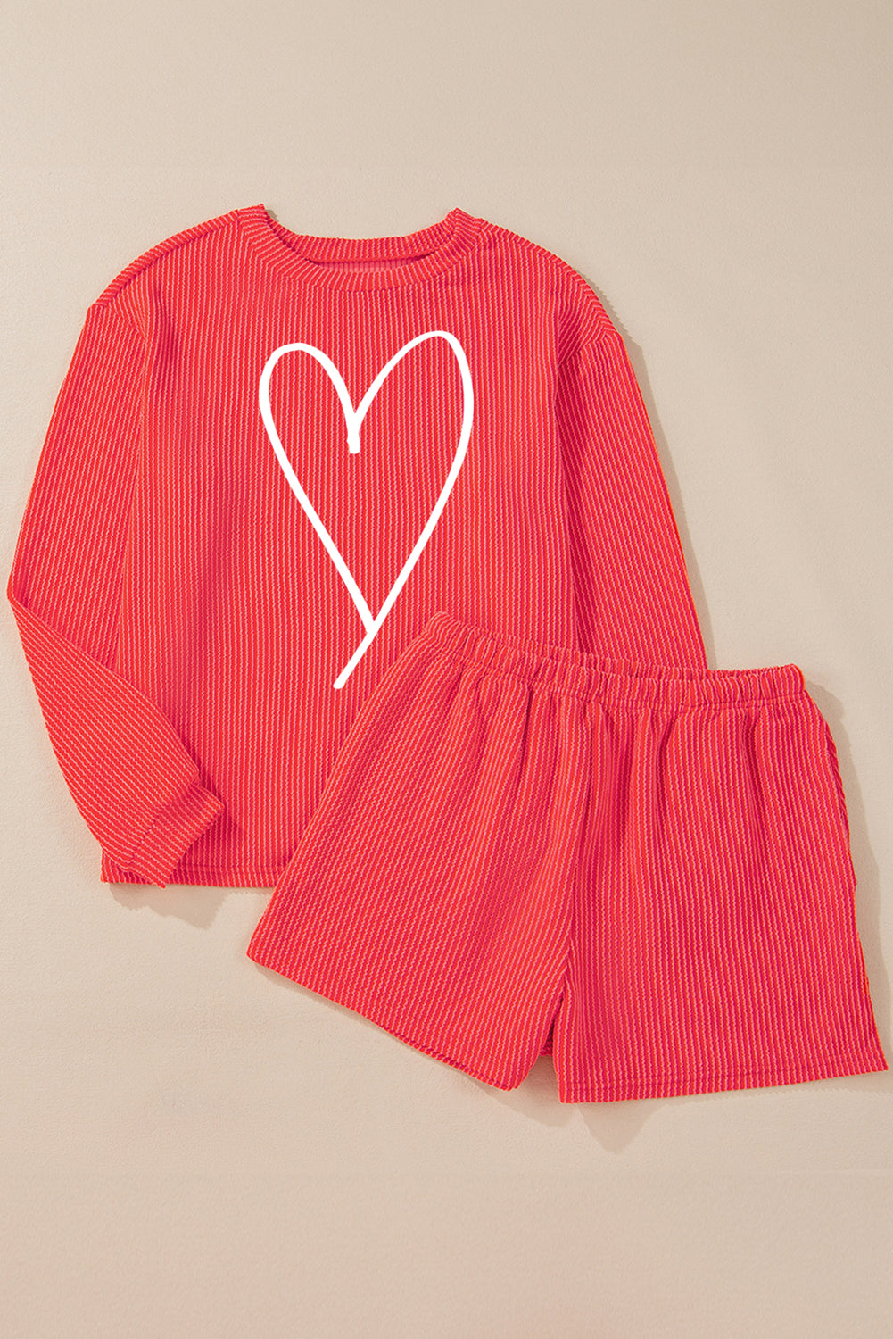 Graphic Apparel - Gold Flame Heart Shape Graphic Corded Pullover And Shorts Set