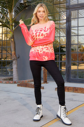 Pink Cheetah Print Drop Sleeve Bleached Sweatshirt-True and Wild