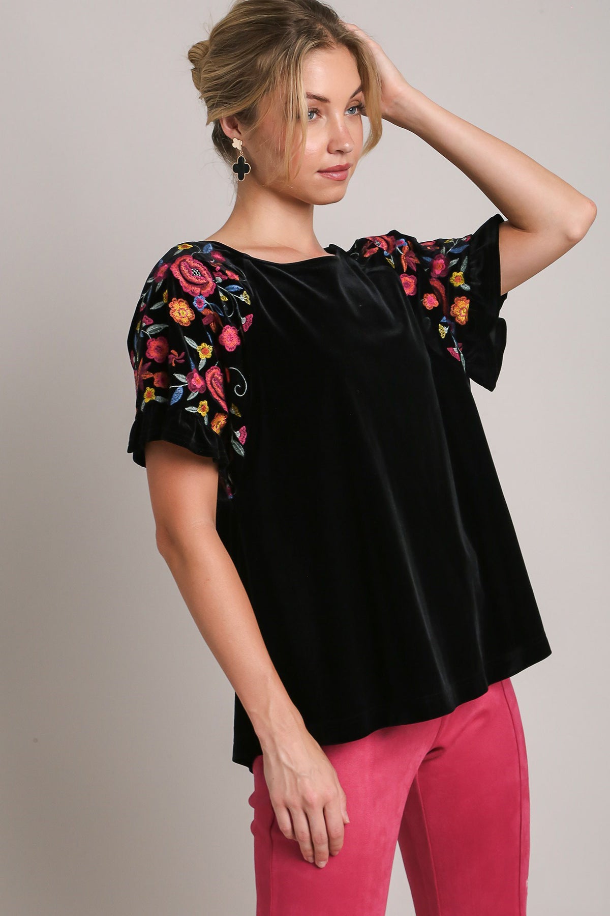 Umgee Full Size Velvet Embroidery Short Sleeve Blouse