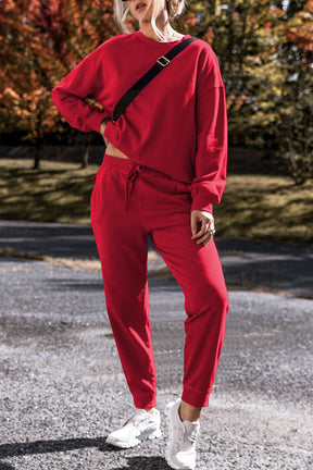 Racing Red Solid Color High Low Pullover and Pants Set-True and Wild