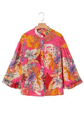 Red Abstract Floral Print Buttoned Ruffle Bubble Sleeve Shirt-True and Wild