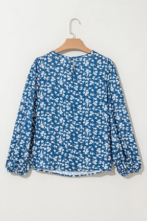 Blue Ditsy Floral Print Lantern Sleeve Blouse-True and Wild