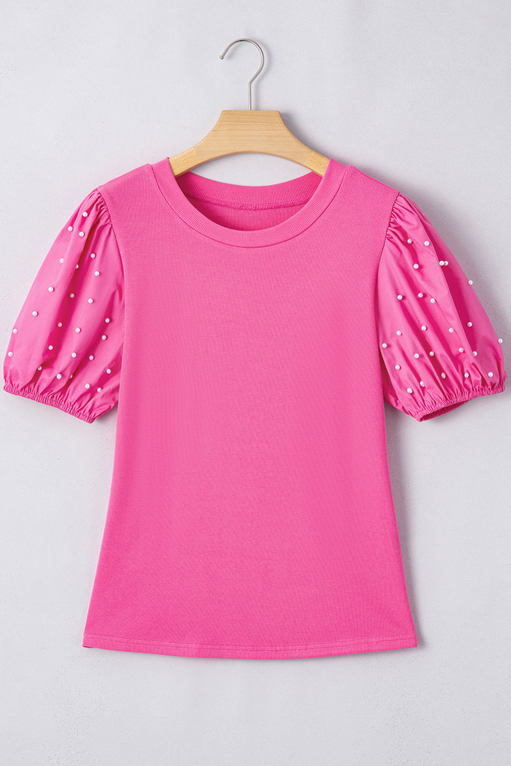 Bright Pink Pearl Beaded Puff Sleeve Ribbed Top