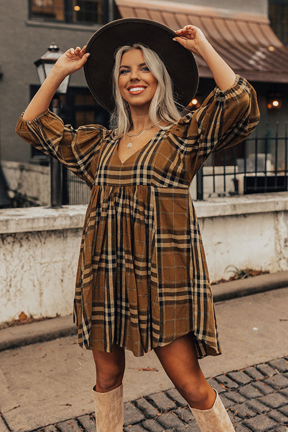 Brown Plaid Pattern Empire Waist Babydoll Dress-True and Wild