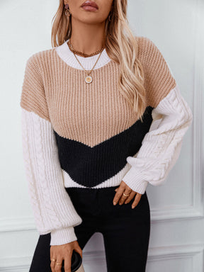 Contrast Round Neck Long Sleeve Sweater-True and Wild