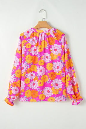 Rose Flower Print V Neck Relaxed Sleeve Blouse-True and Wild