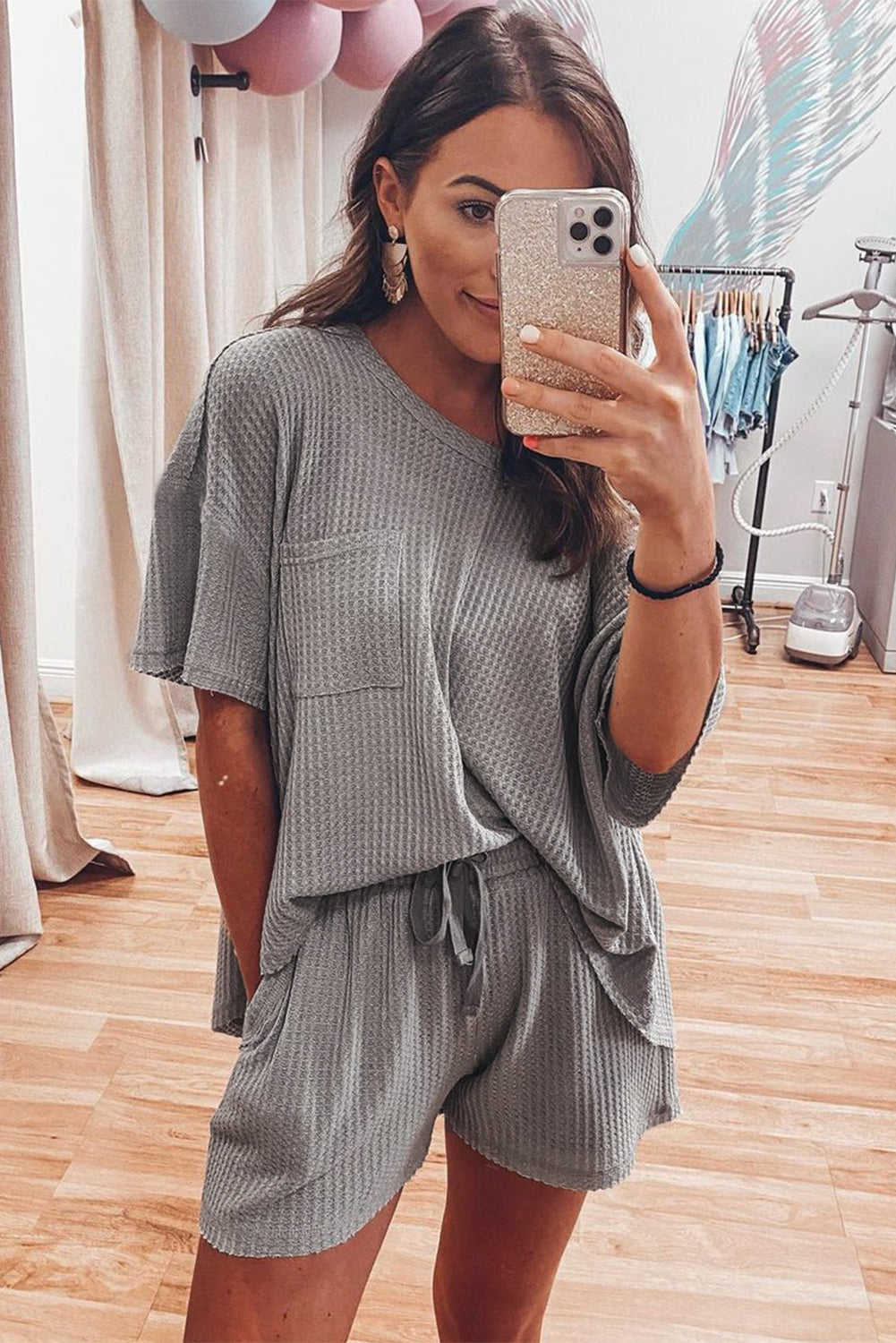 Two Piece Shorts Sets - Gray Solid Color Waffle Knit T Shirt And Shorts Set