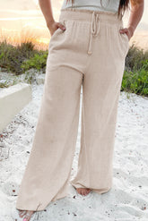 Beige Frill Smocked Waist Wide Leg Plus Size Pants-True and Wild