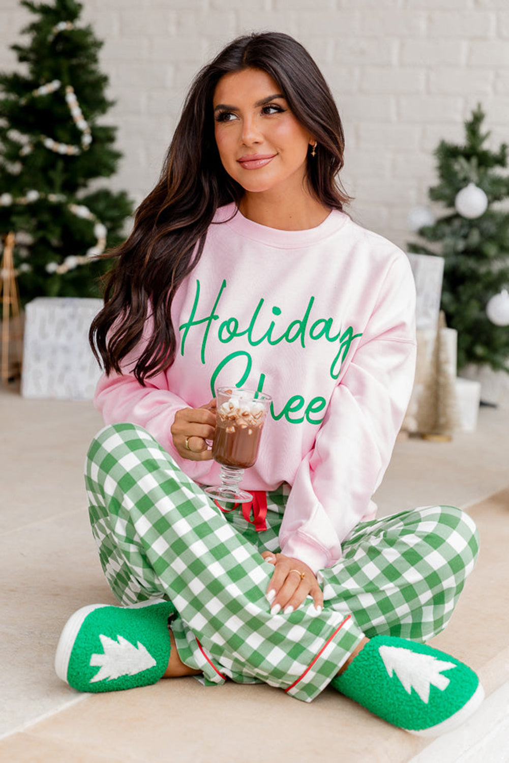 Pink Holiday Cheer Letter Graphic Christmas Slogan Sweatshirt-True and Wild