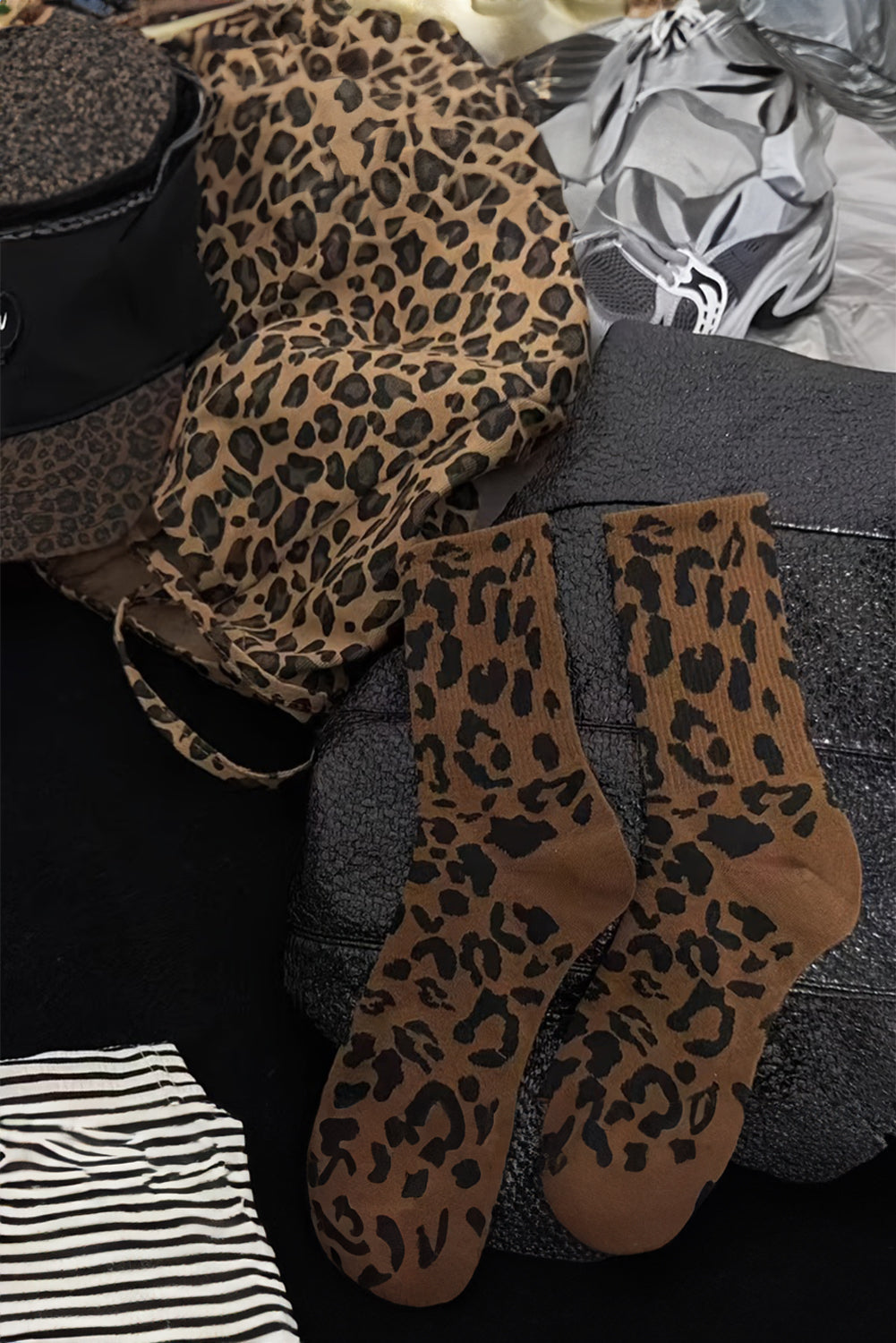 Chestnut Allover Leopard Print Crew Socks