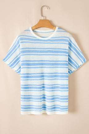 Sky Blue Stripe Boxy Fit Wide Sleeve Knit T Shirt