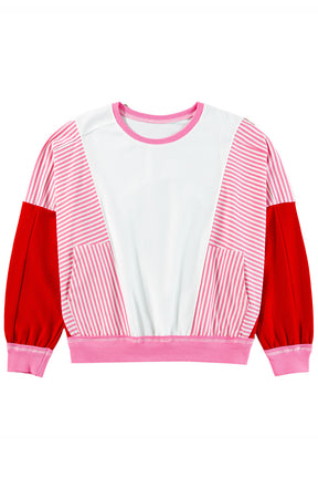 Rose Red Striped Patchwork Side Pocket Loose Sweatshirt-True and Wild