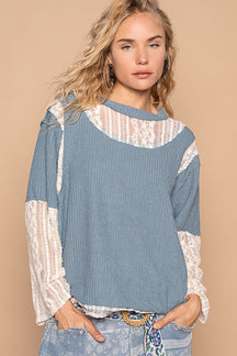 POL Lace Panel Round Neck Long Sleeve Top-True and Wild