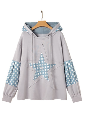 Apricot Floral Patchwork Star Pattern Drawstring Hoodie