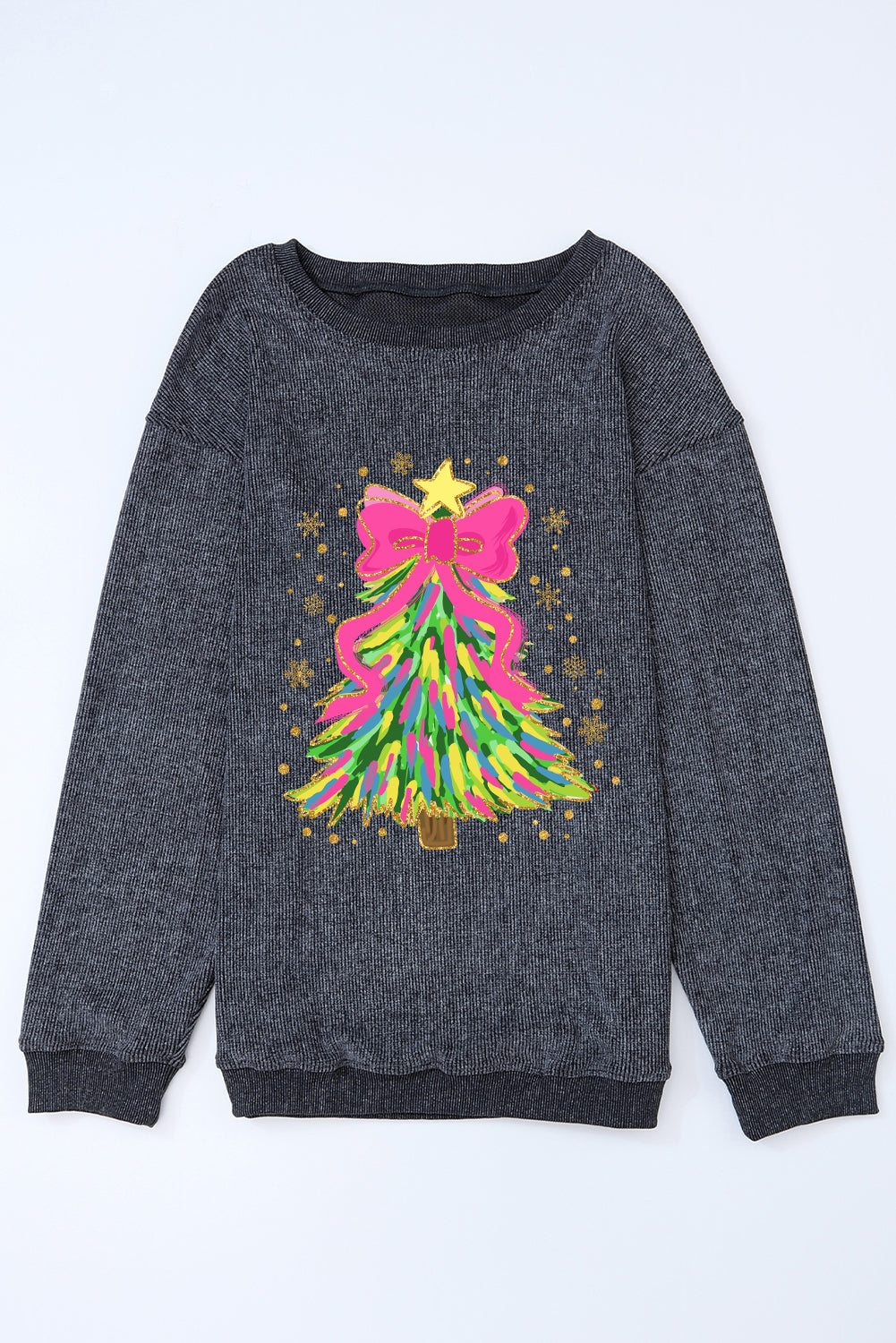 Gray Stunning Christmas Tree Printed Drop Shoulder Corded Sweatshirt-True and Wild