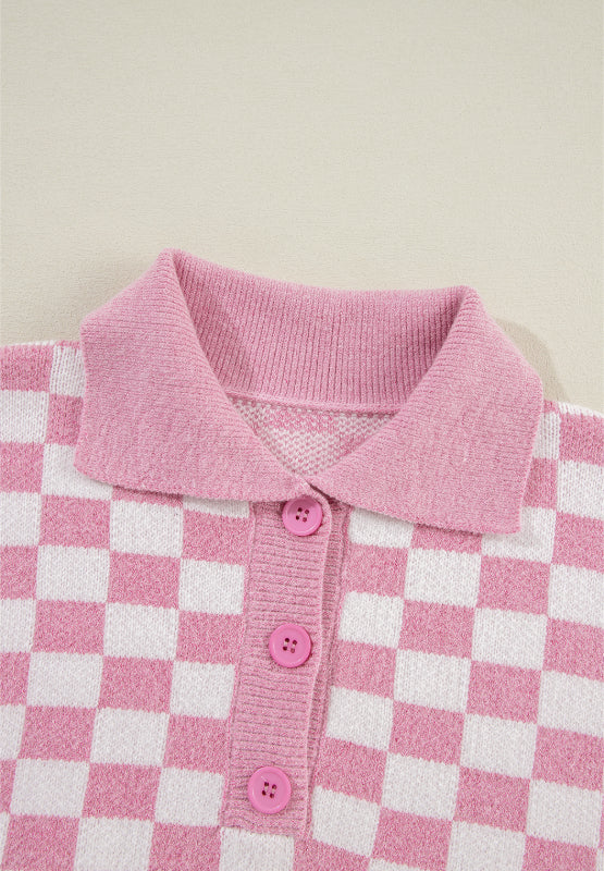 Checkered Collared Neck Long Sleeve Sweater-True and Wild