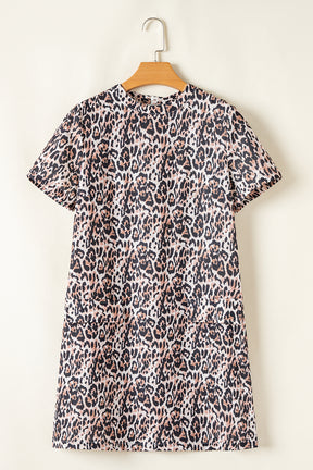 Brown Leopard Print Short Sleeve Pocket Mini Dress