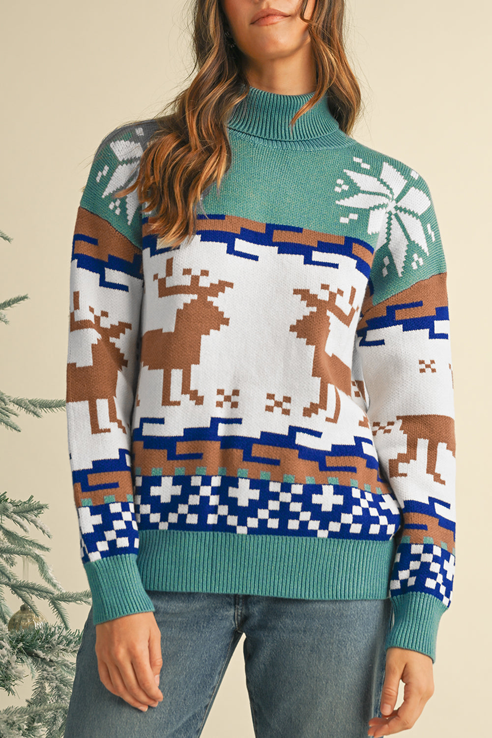 Canton Christmas Reindeer Snowflake Colorblock Turtleneck Sweater-True and Wild