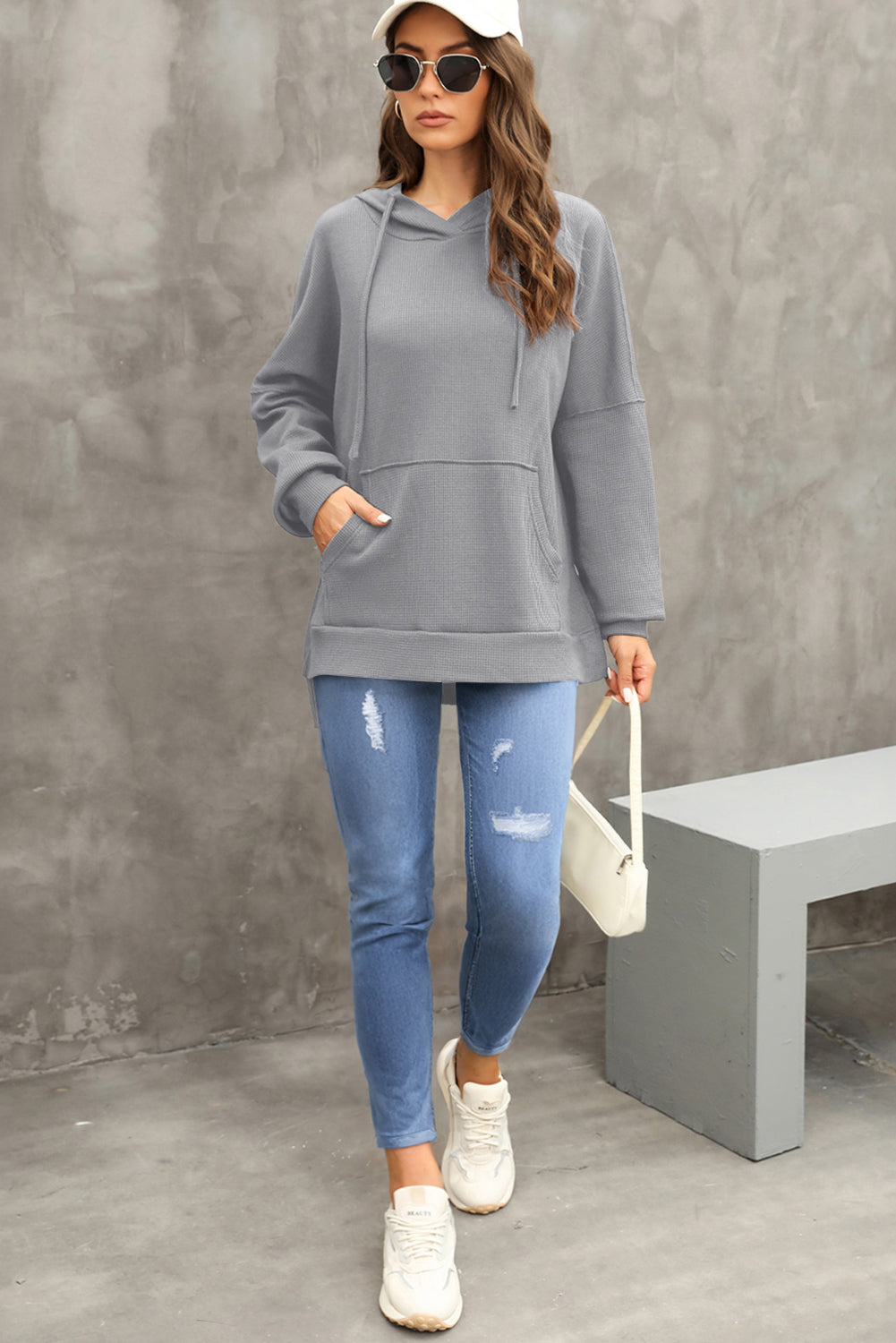 Coffee Waffle Knit High Low Oversized Hoodie-True and Wild