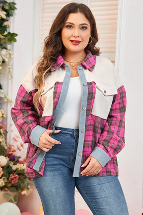 Plus Size Plaid Collared Neck Long Sleeve Shirt-True and Wild