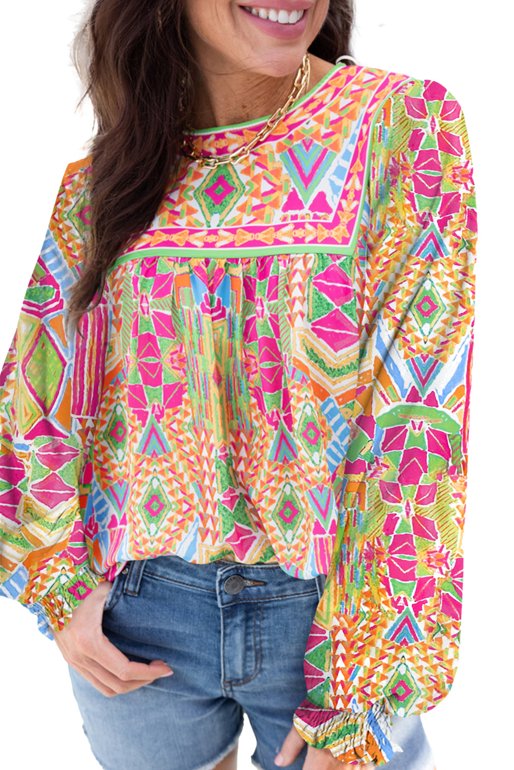 Orange Geometric Print Long Sleeve Keyhole Back Blouse-True and Wild