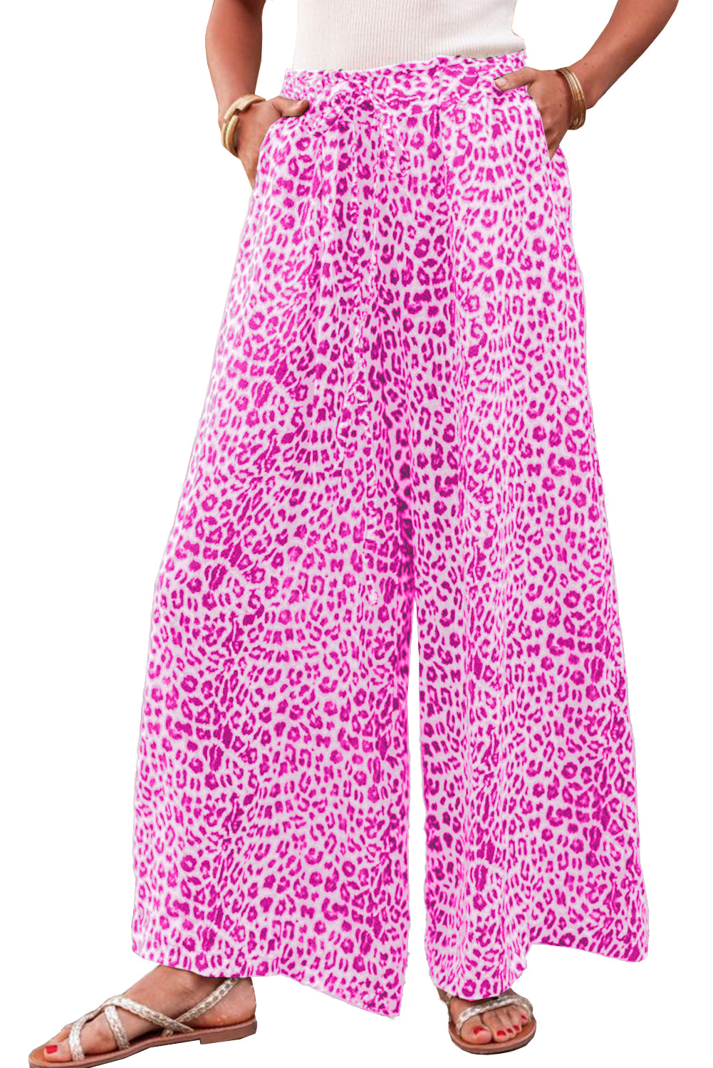 Bright Pink Boho Leopard Print Wide Leg Pants-True and Wild