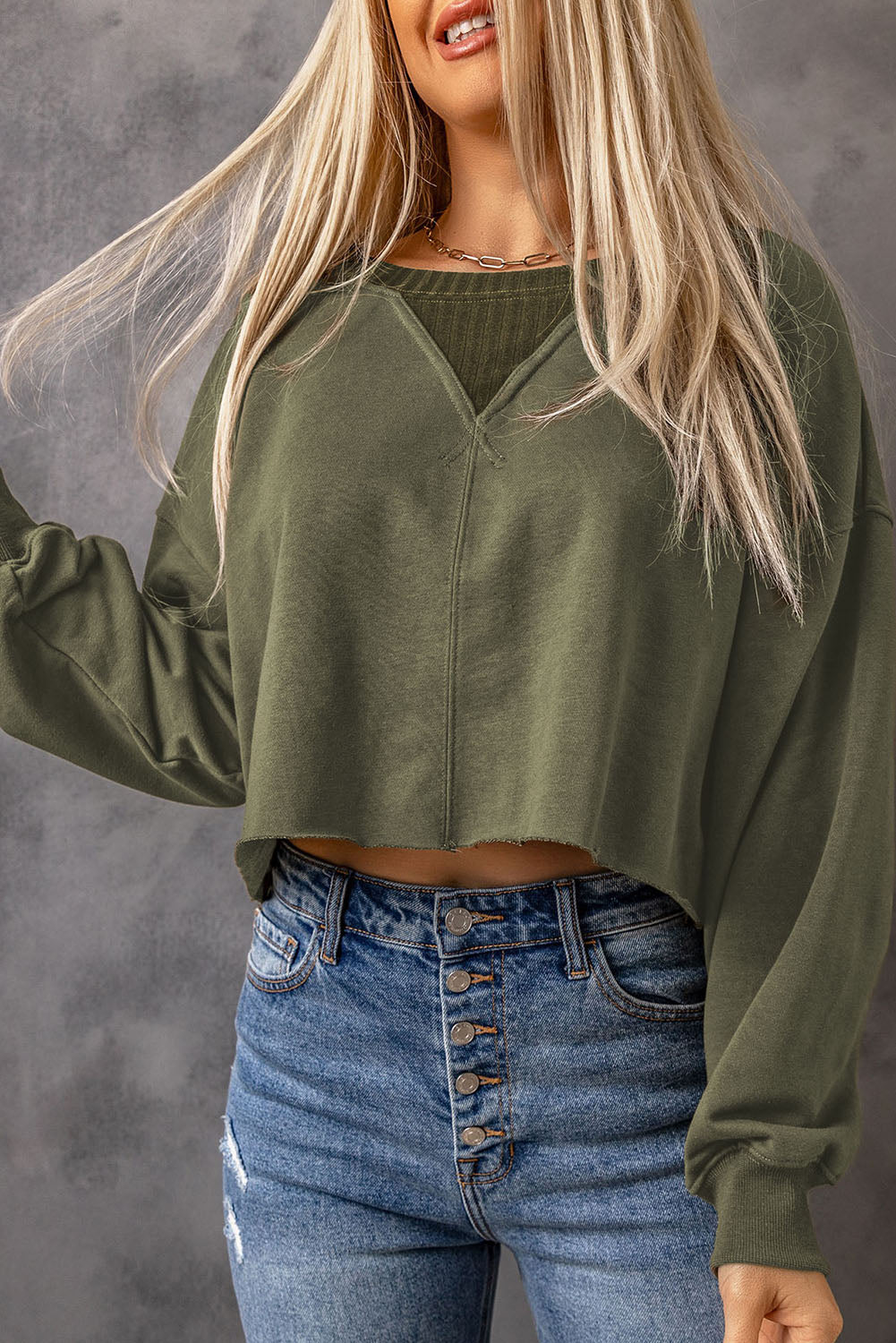 Green Casual Drop Shoulder Cropped Sweatshirt-True and Wild