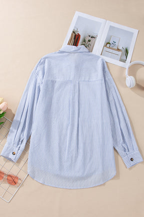 High-Low Striped Collared Neck Long Sleeve Shirt-True and Wild