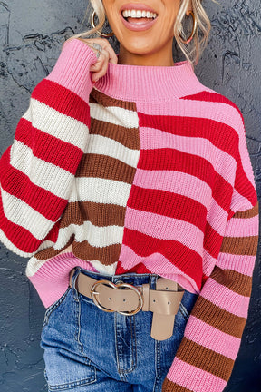 Pink Stripe Color Block High Neck Drop Shoulder Loose Sweater-True and Wild