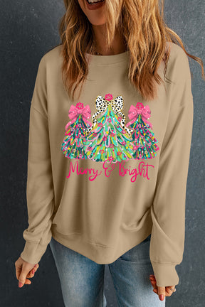 Khaki Merry & Bright Christmas Tree Print Pullover Sweatshirt-True and Wild