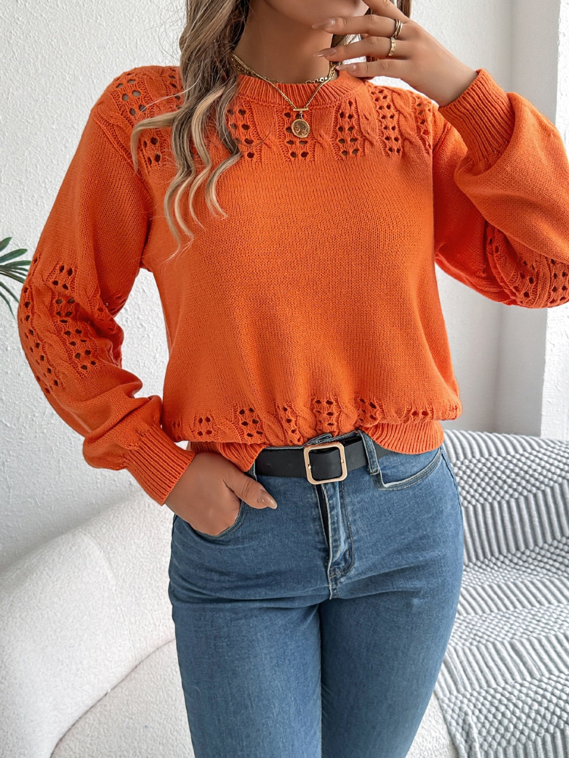 Openwork Round Neck Long Sleeve Sweater-True and Wild